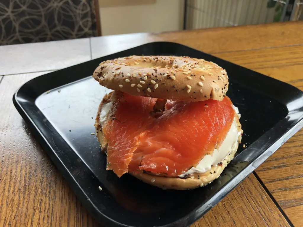 Salmon lox and cream cheese on a bagel