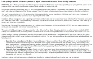 WDFW Announces 2020 Columbia River Spring Chinook season