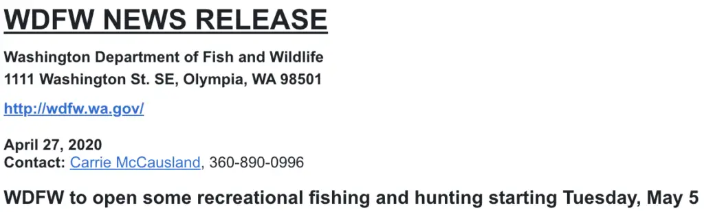 WDFW Open some fishing and hunting on May 5