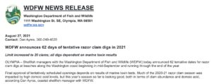 WDFW Announces 2021 Fall Razor Clam Digs