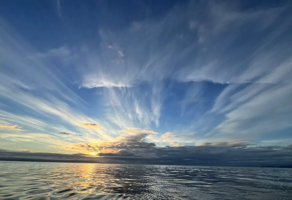 Sekiu sunrise over flat calm Strait of Juan De Fuca Waters